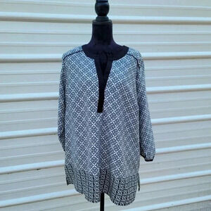 Antilia Femme Womens Black White Boho Print Top Peasant 3/4 Sleeve Plus Size 1X